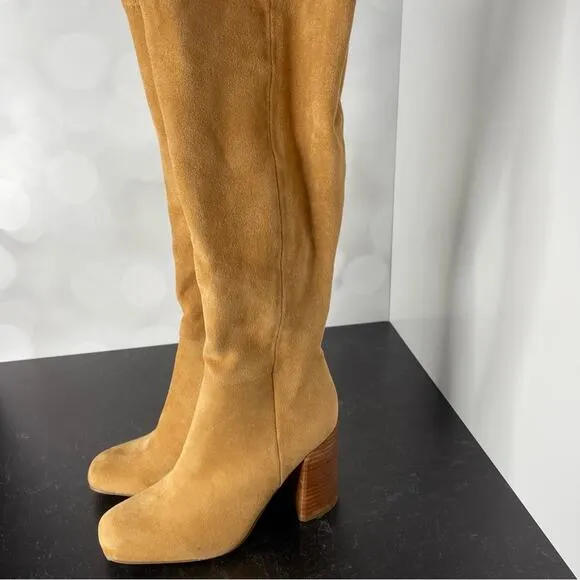 MADDEN GIRL Women's Winslow Block-Heel Stretch Dress Boots Caramel Fabric sz 6