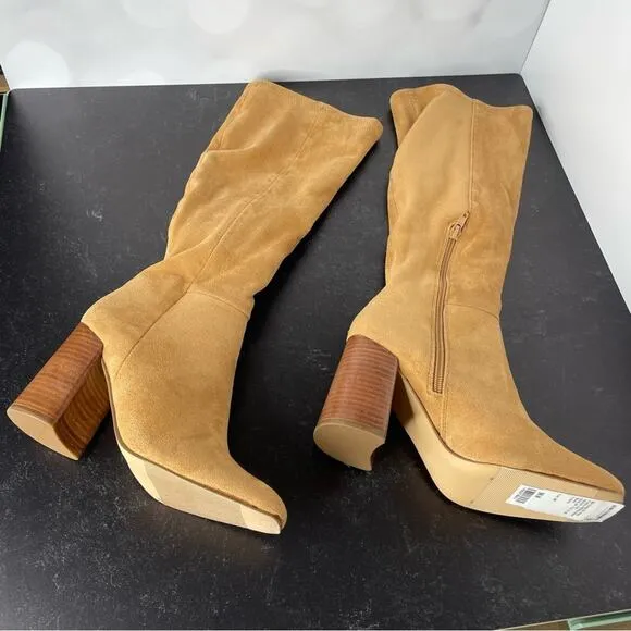 MADDEN GIRL Women's Winslow Block-Heel Stretch Dress Boots Caramel Fabric sz 6