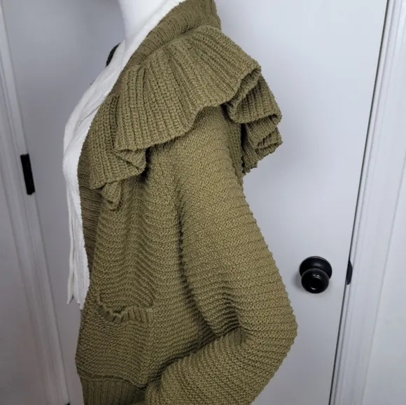 Madewell 100% Cotton Green Knit Ruffle Fisherman Cardigan Size XS