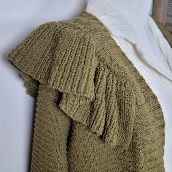 Madewell 100% Cotton Green Knit Ruffle Fisherman Cardigan Size XS