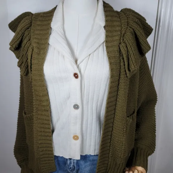 Madewell 100% Cotton Green Knit Ruffle Fisherman Cardigan Size XS