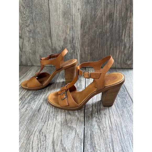Madewell Loren Leather Ankle Strappy Heeled Sandals Minimalist Tan Womens Sz 8.5