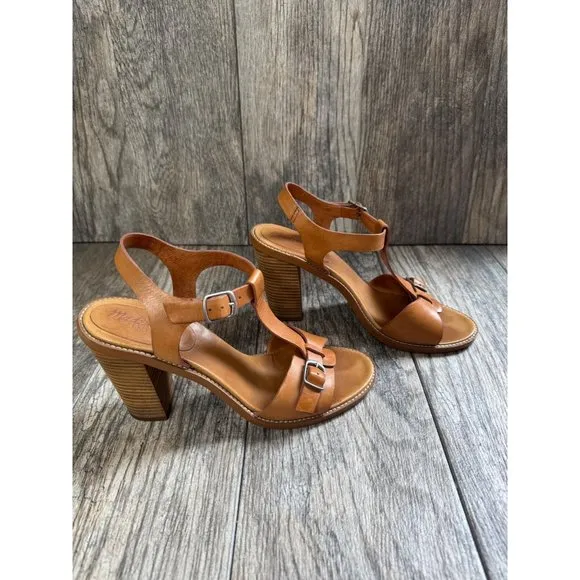 Madewell Loren Leather Ankle Strappy Heeled Sandals Minimalist Tan Womens Sz 8.5