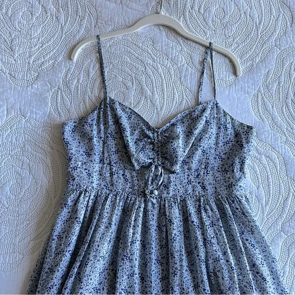 Madewell Silk Ruched Keyhole Tiered Midi Dress Florentine Floral Glassware Blue
