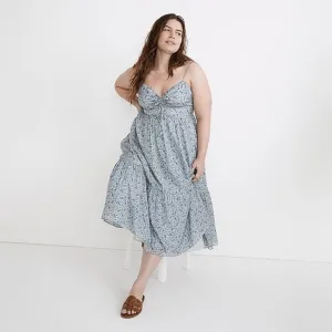Madewell Silk Ruched Keyhole Tiered Midi Dress Florentine Floral Glassware Blue