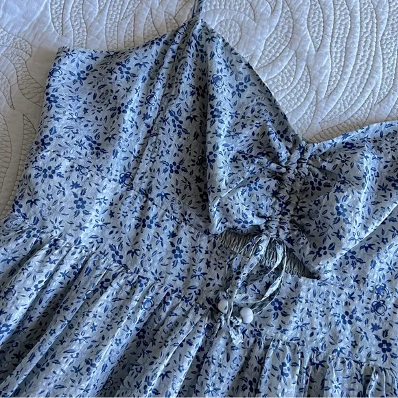 Madewell Silk Ruched Keyhole Tiered Midi Dress Florentine Floral Glassware Blue