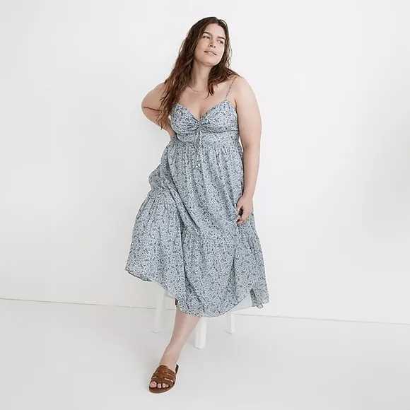 Madewell Silk Ruched Keyhole Tiered Midi Dress Florentine Floral Glassware Blue