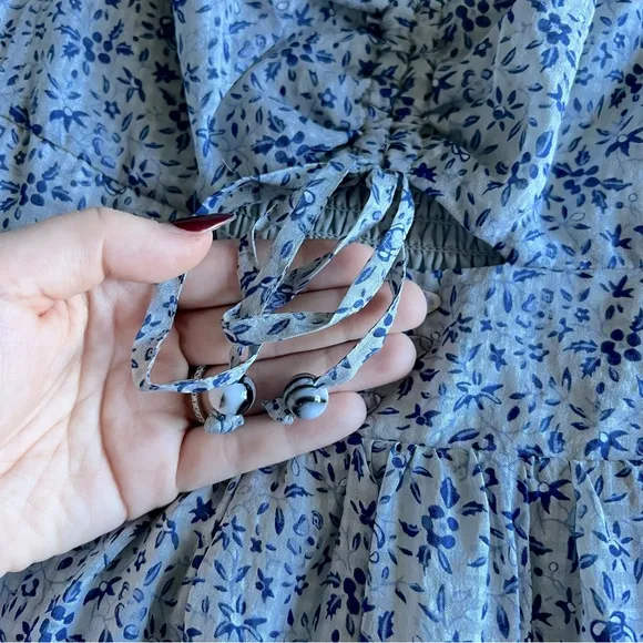 Madewell Silk Ruched Keyhole Tiered Midi Dress Florentine Floral Glassware Blue