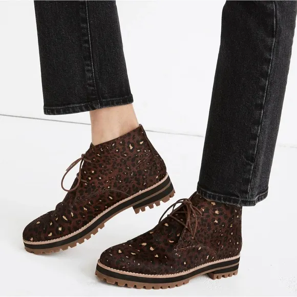 MADEWELL THE WREN BOOT IN PAINTED LEOPARD CALF HAIR, SIZE 8.5.