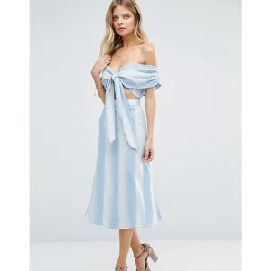 Majorelle Rum Runner Off Shoulder Midi Dress Blue Stripe Women's Size S