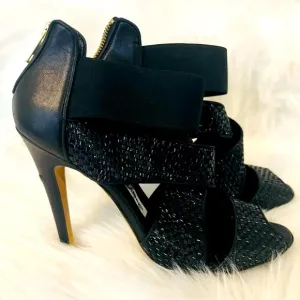 Manolo Blahnik - Black Elastic &amp; Leather Strappy Sandals Handmade In Italy US 8