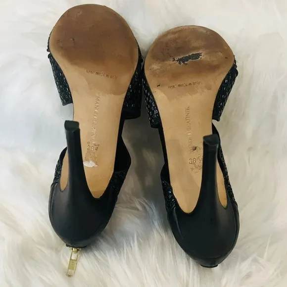 Manolo Blahnik - Black Elastic &amp; Leather Strappy Sandals Handmade In Italy US 8