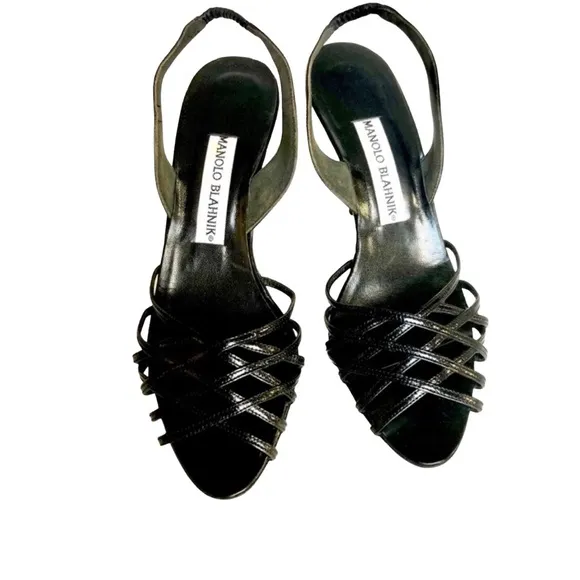 Manolo Blahnik Strappy Heeled Sandals Black Patent Leather Women’s
