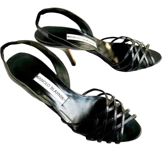 Manolo Blahnik Strappy Heeled Sandals Black Patent Leather Women’s