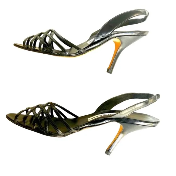 Manolo Blahnik Strappy Heeled Sandals Black Patent Leather Women’s