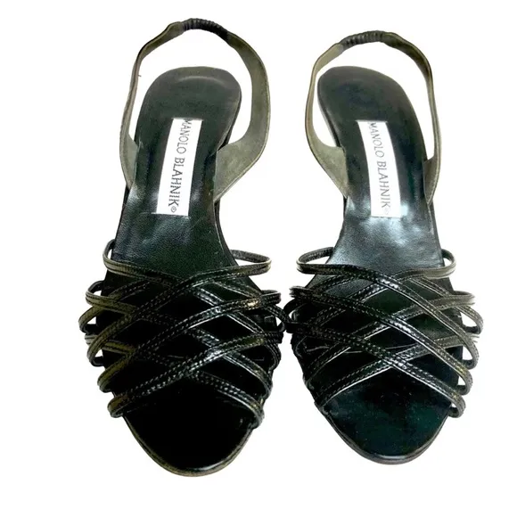 Manolo Blahnik Strappy Heeled Sandals Black Patent Leather Women’s