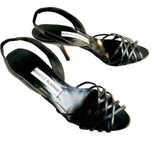 Manolo Blahnik Strappy Heeled Sandals Black Patent Leather Women’s