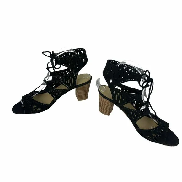 Marc Fisher Black Lasercut Lace Up Sandals Leather Stacked Heel Strappy 7.5M