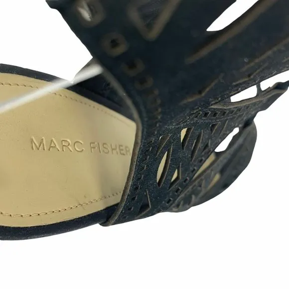 Marc Fisher Black Lasercut Lace Up Sandals Leather Stacked Heel Strappy 7.5M