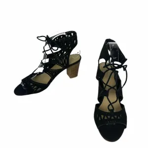 Marc Fisher Black Lasercut Lace Up Sandals Leather Stacked Heel Strappy 7.5M