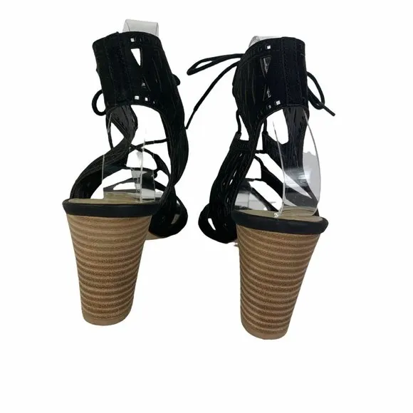Marc Fisher Black Lasercut Lace Up Sandals Leather Stacked Heel Strappy 7.5M