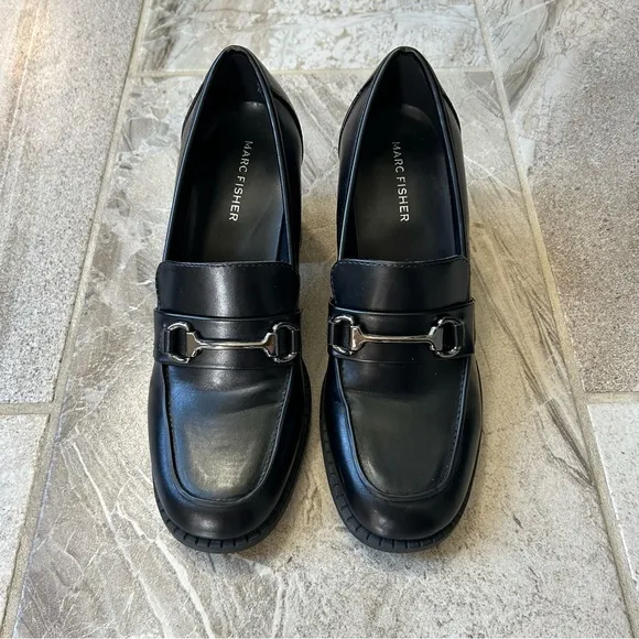 Marc Fisher Block Heel Slip-On Black Loafers, size 8M