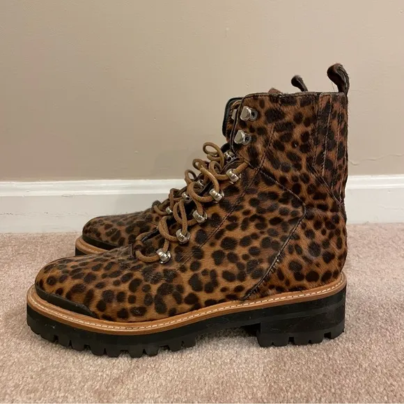 Marc Fisher Izziely Leopard Print Calf Hair Combat Boots, Size 7, EUC