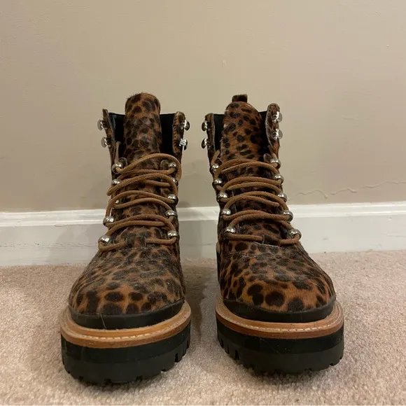 Marc Fisher Izziely Leopard Print Calf Hair Combat Boots, Size 7, EUC