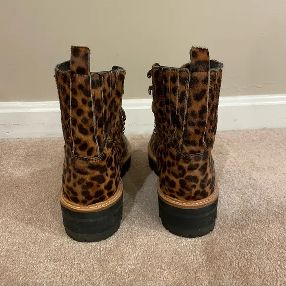 Marc Fisher Izziely Leopard Print Calf Hair Combat Boots, Size 7, EUC