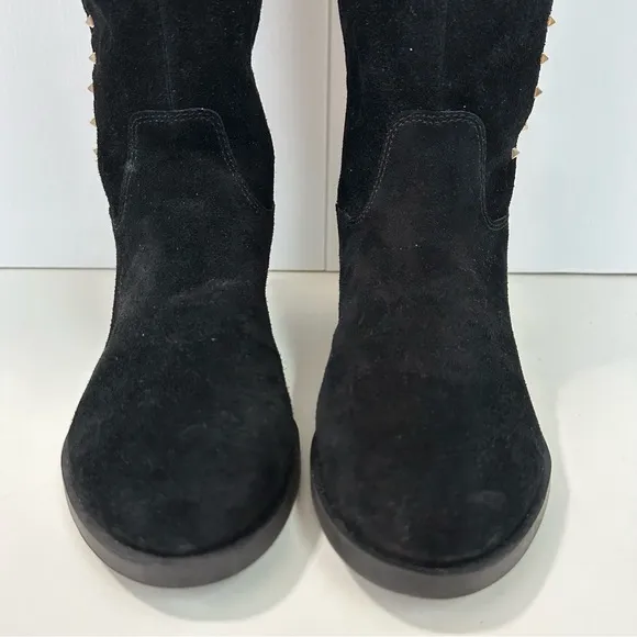 MARC FISHER Secrit Tall Boots Sz 6.5M Blk Suede Leather Gold Stud Stretc…