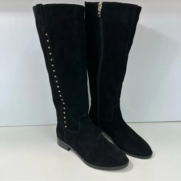 MARC FISHER Secrit Tall Boots Sz 6.5M Blk Suede Leather Gold Stud Stretc…
