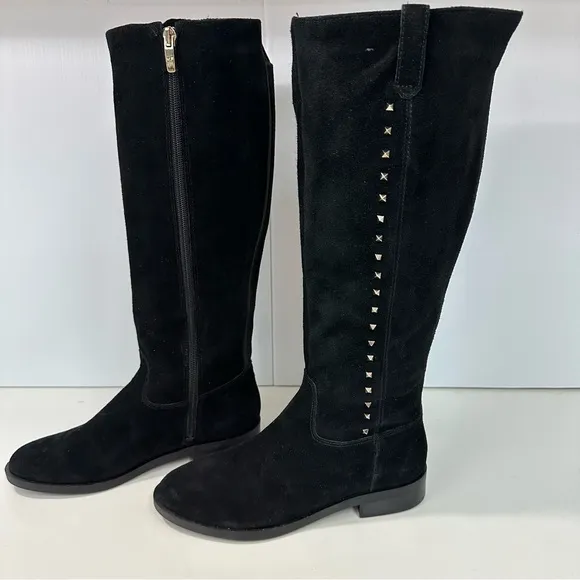 MARC FISHER Secrit Tall Boots Sz 6.5M Blk Suede Leather Gold Stud Stretc…