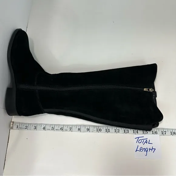 MARC FISHER Secrit Tall Boots Sz 6.5M Blk Suede Leather Gold Stud Stretc…