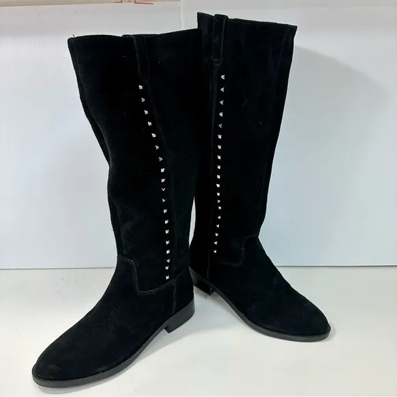 MARC FISHER Secrit Tall Boots Sz 6.5M Blk Suede Leather Gold Stud Stretc…