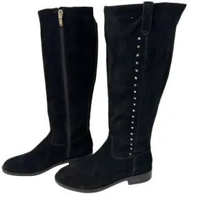 MARC FISHER Secrit Tall Boots Sz 6.5M Blk Suede Leather Gold Stud Stretc…