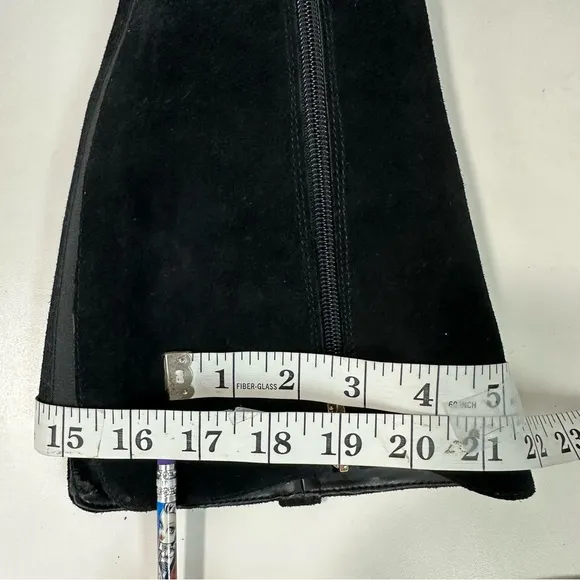 MARC FISHER Secrit Tall Boots Sz 6.5M Blk Suede Leather Gold Stud Stretc…