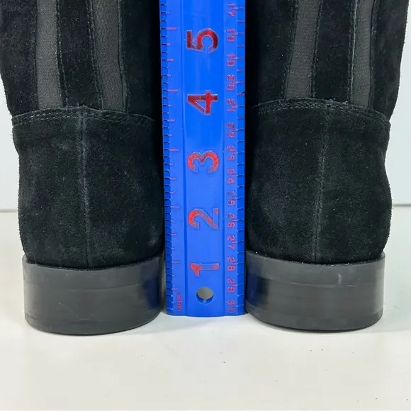 MARC FISHER Secrit Tall Boots Sz 6.5M Blk Suede Leather Gold Stud Stretc…