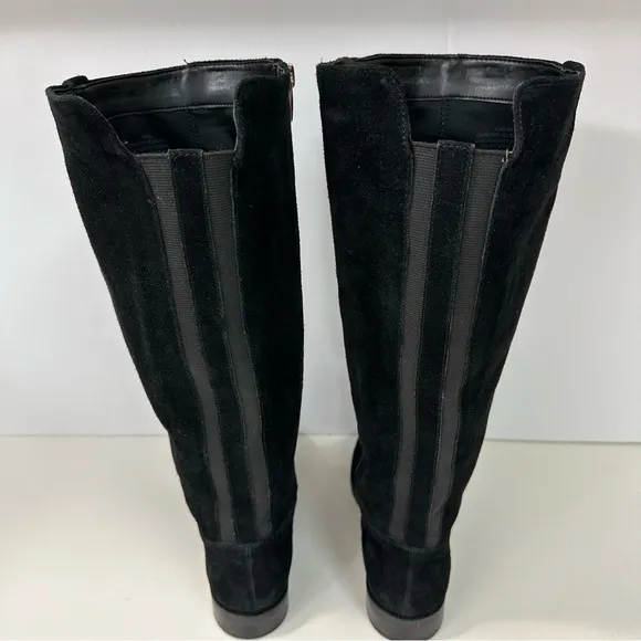 MARC FISHER Secrit Tall Boots Sz 6.5M Blk Suede Leather Gold Stud Stretc…