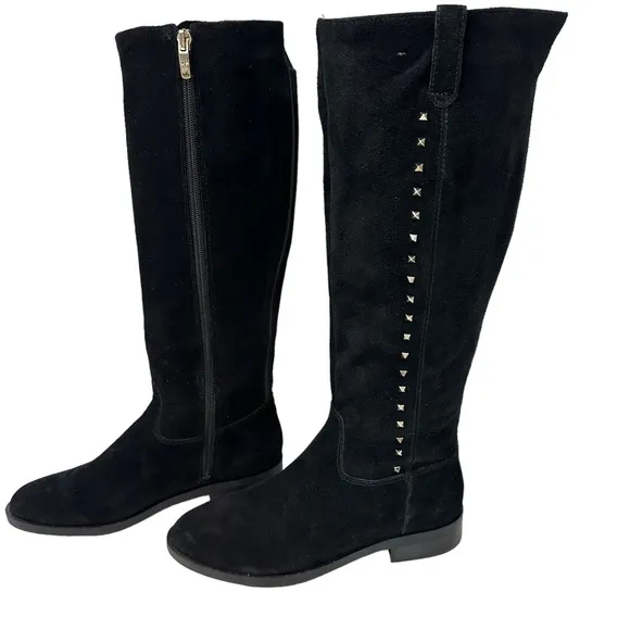 MARC FISHER Secrit Tall Boots Sz 6.5M Blk Suede Leather Gold Stud Stretc…