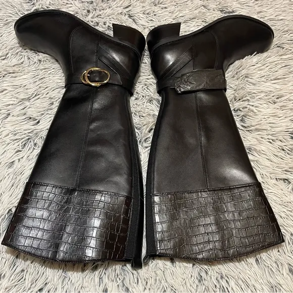 Marc Fisher wide calf leather croc embossed riding black tall shaft boots Size 8