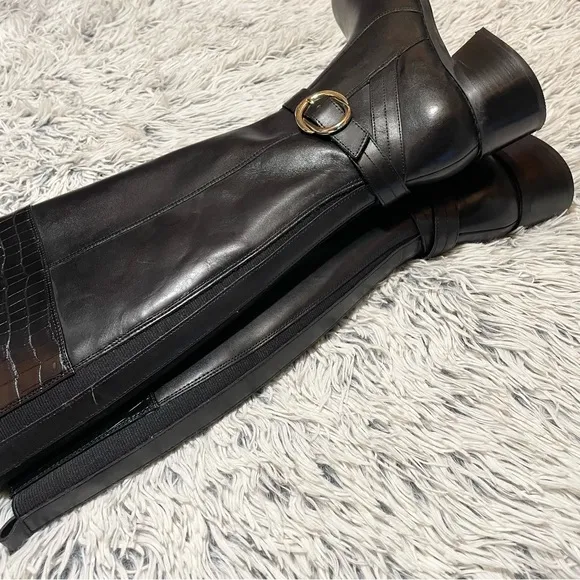 Marc Fisher wide calf leather croc embossed riding black tall shaft boots Size 8