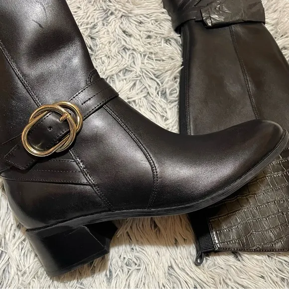 Marc Fisher wide calf leather croc embossed riding black tall shaft boots Size 8