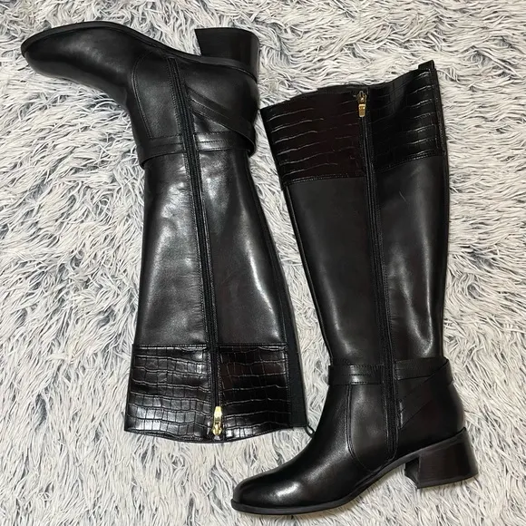 Marc Fisher wide calf leather croc embossed riding black tall shaft boots Size 8