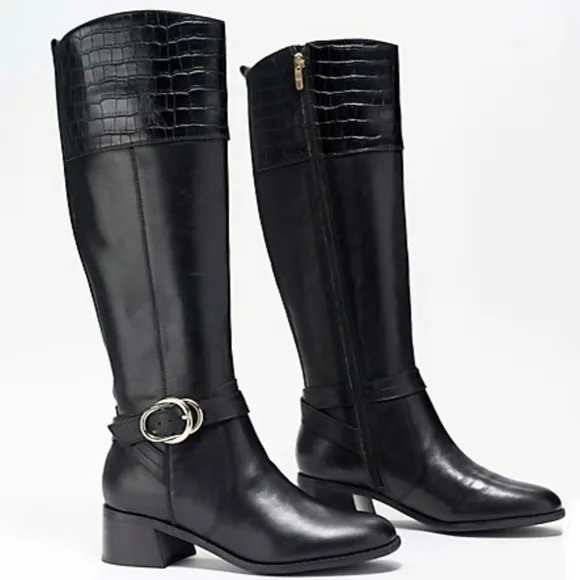 Marc Fisher wide calf leather croc embossed riding black tall shaft boots Size 8
