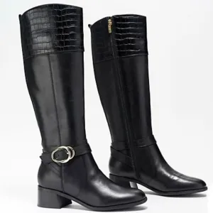 Marc Fisher wide calf leather croc embossed riding black tall shaft boots Size 8