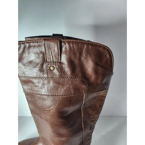 Marc Fisher Womens Tall Riding Boots Sz 7M Brown Leather Flat Buckle Equestrian