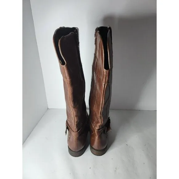 Marc Fisher Womens Tall Riding Boots Sz 7M Brown Leather Flat Buckle Equestrian