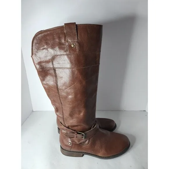 Marc Fisher Womens Tall Riding Boots Sz 7M Brown Leather Flat Buckle Equestrian