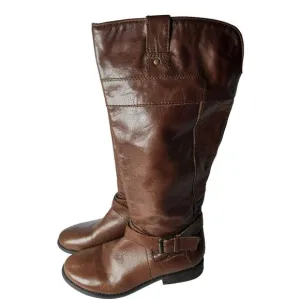 Marc Fisher Womens Tall Riding Boots Sz 7M Brown Leather Flat Buckle Equestrian