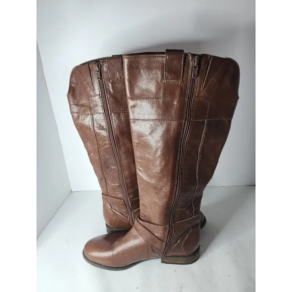Marc Fisher Womens Tall Riding Boots Sz 7M Brown Leather Flat Buckle Equestrian